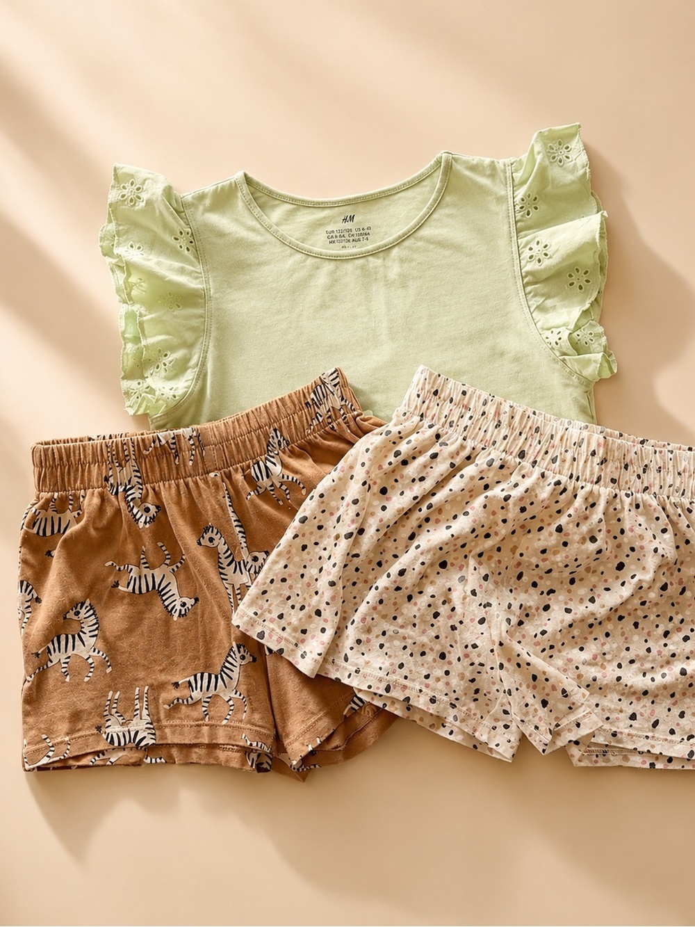 H&M Girls 3-Piece Outfit Set Size 6-7Y | Flutter Sleeve Top + Zebra Shorts